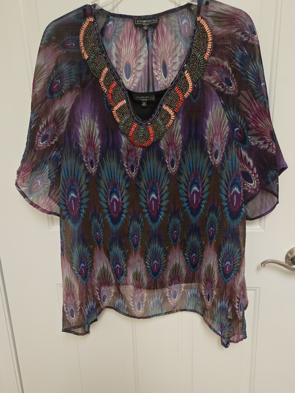 Elementz Purple Peacock Print Beaded V-Neck Tunic
